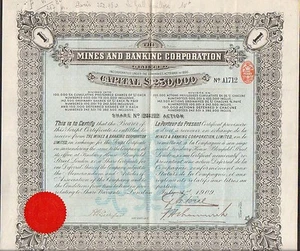 titre 10 actions: avec sceau rouge: MINES & BANKING (ROYAUME UNI) (T) - Picture 1 of 1