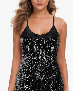Maner Womens Black Sequin Tank Top Adjustable Spaghetti Straps Size Small Sexy - Picture 1 of 11
