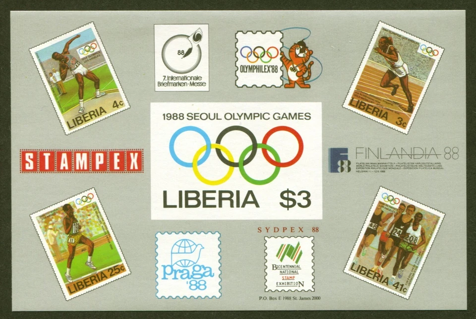 利比里亚 Sc# 1081,1988 年夏季奥运会 - 首尔 S/S,Imperforate Variety,VF 全新无标签 — 第 1/1 张图片