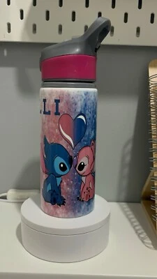 Stitch And Angel Water Bottle With Integrated Straw 650ml | Personalised - Image 1 of 4