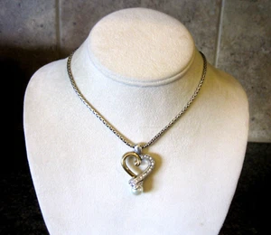 BRIGHTON LEGACY Reversible Heart Pendant Necklace Faux Pearl, Swarovski Crystals - Picture 1 of 6