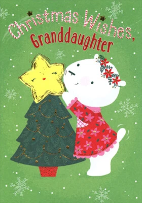 Lindo Oso Colocación Estrella Dorada Árbol Nieta Tarjeta Navidad Adhesivo Hoja Foto 1 de 2