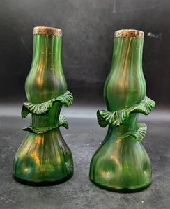 Set/2 Antique Art Nouveau Green Iridescent Bohemian Art Glass Bue Vase Metal Rim - Picture 1 of 10