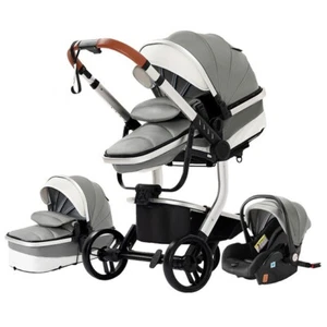 Poussette 3 en 1 Bébé Combinée Siège-Auto Nacelle Trio Réversible cuir pu.GRIS - Photo 1/8