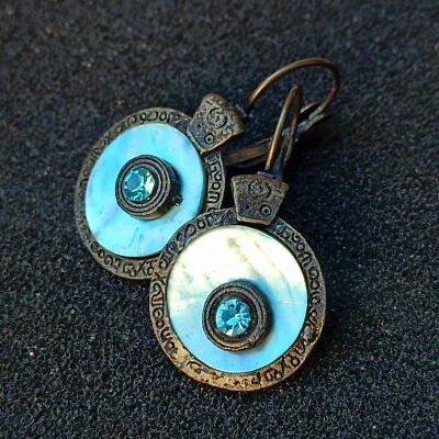 Vintage Earrings Blue Mother of Pearl/Abalone Crystal Round Art Deco Runway VTG - Image 1 of 4