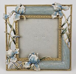 White Blue Iris Flowers Floral Gold Trim Rhinestone 4"x4" Cast Metal Photo Frame