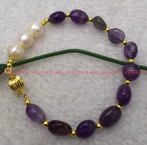 Beautiful 8-10mm Irregular Purple Amethyst Gem Natural White Pearl Bracelet 7.5" - Picture 1 of 12