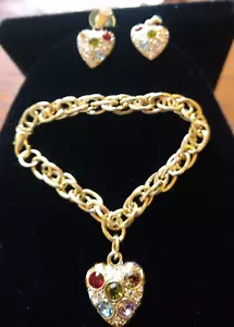 Valentine's Day Heart charm bracelet earrings signed - Picture 1 of 3