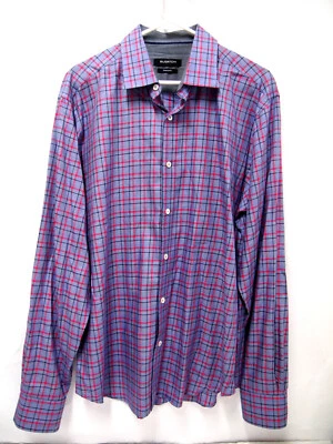 Bugatchi Uomo Mens Shirt L Shaped Fit Blue Pink Checkered Long Sleeve Button - Image 1 of 4