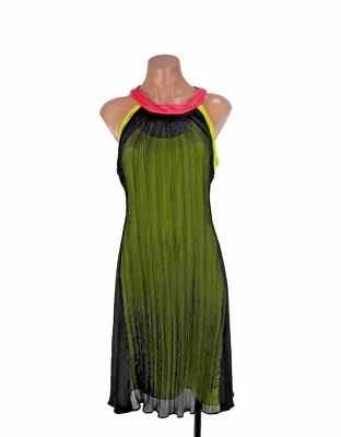 Vestido halter Tahari talla 12 negro neón francés plisado de gasa sin mangas con corbata $148 Foto 1 de 4