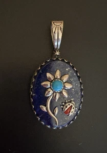 Sterling Silber Lapis Türkis & Koralle Blume Marienkäfer Anhänger: Carolyn Pollack - Bild 1 von 6