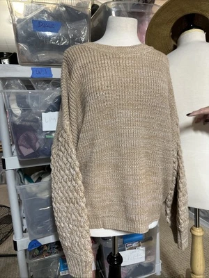 Sanctuary 棕褐色电缆针织套衫毛衣上衣 3/4 袖女式全新带标签 XL — 第 1/4 张图片