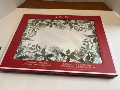 4 LENOX *Holiday Greeting* Holly & Berries Hard/Cork Placemats (New In Box!) - Image 1 of 3