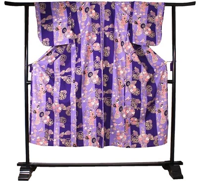 Mujer Yukata Bata Japonés Verano Kimono - "GEISHA" Belleza a Rayas Púrpura Foto 1 de 4