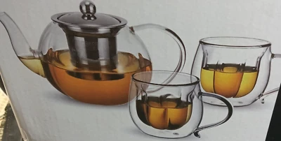 VEVOK CHEF FLORAL SHAPE TEA POT 2 CUP  BOROSILLICATE GLASS STEEL INFUSER NIB 3PC - Image 1 of 4