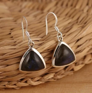 Natural Labradorite 925 Sterling Silver Large Triangle Dangle Drop Earrings Box - Picture 1 of 5