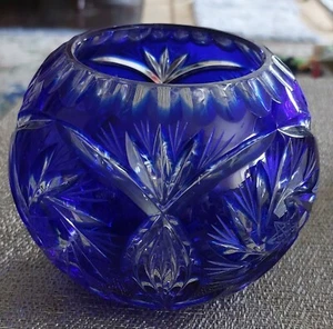 ANTIQUE CZECH BOHEMIAN ROSE BOWL COBALT HAND CUT TO CLEAR - Picture 1 of 10