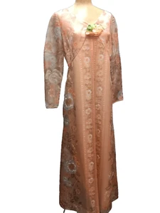 Vintage 1970's Orange Brown Gray Chiffon Poly Hostess Dress Helen Bass L - Picture 1 of 9