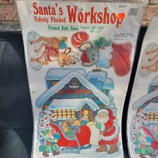 Santa’s Velvety Flocked Workshop Die Cut Christmas Wall Window Decorations Vtg 