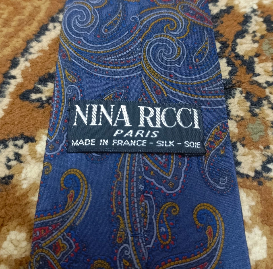 corbata de cuello vintage vintage Nina Ricci Paris classic 100% toda seda paisley azul Foto 1 de 4