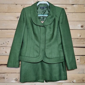 Albert Nipon 2pc Skirt Suit 8 Women's Wool Silk Green Peter Pan Collar Jackie - Picture 1 of 14