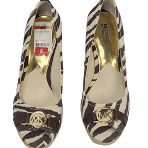 Michael Kors Brown Tan Tiger Print Espadrille Peep Toe Wedges Size 9M New In Box - Picture 1 of 12