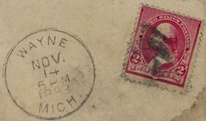 WAYNE MICH NOV 14 1893 Cancel 2 Cent Washington Sc #220 Banknote 1890 US 40E22 - Picture 1 of 2