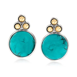 Ross-Simons Turquoise Bead Trio Earrings in Sterling Silver and 14kt Yellow Gold - Picture 1 of 4