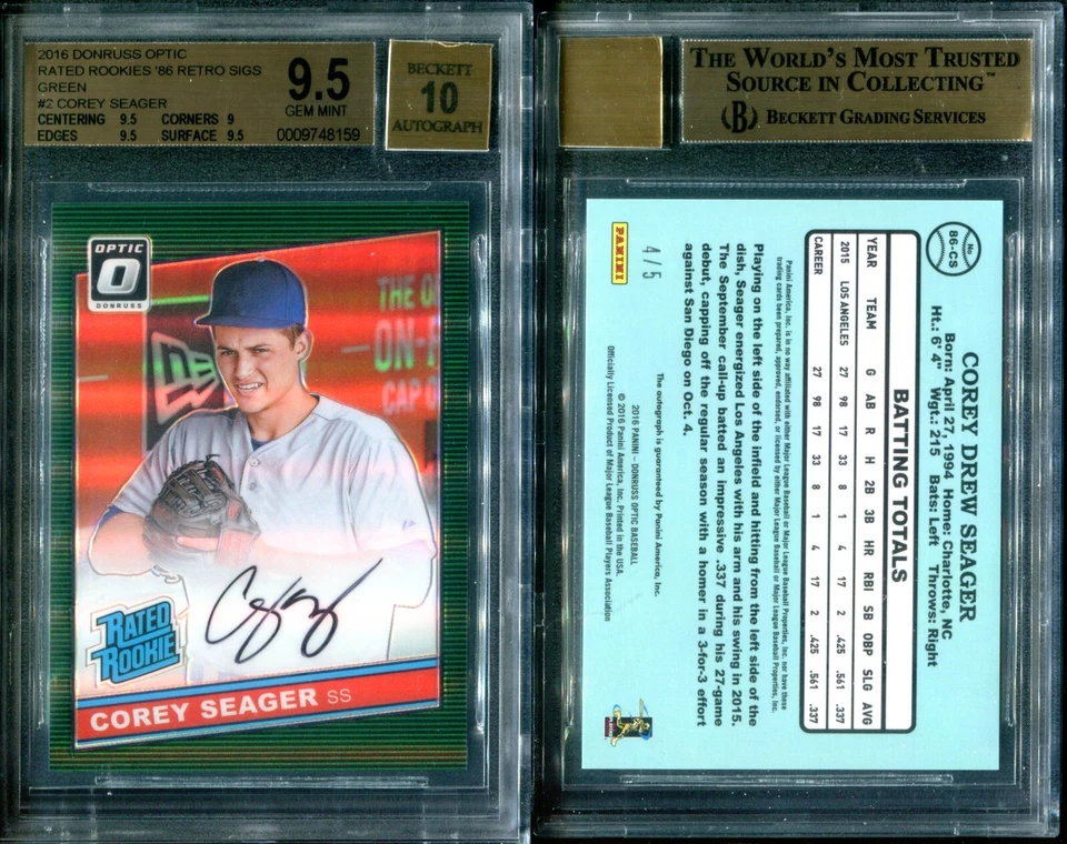 BGS 9.5 2016 Optic Rated Rookies '86 Retro Signatures Green Corey Seager /5 - Image 1 of 1
