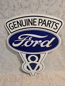Ford Genuine V8 Parts Sign - Embossed Shaped Metal - Gas Oil Garage Advertising - Picture 1 of 2