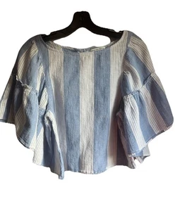 American Eagle Puff Angel Bell Sleeve Peasant Blue Striped Cropped Gauze Small - Picture 1 of 3