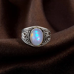 Ethiopian Opal Ring Sterling Silver Black Oxidized Oval & Pear Gemstone Gift - Picture 1 of 18