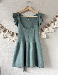 Free People 100% Lambswool Flutter Sleeve Babydoll Top Green Coquette Feminine M - Picture 1 of 8