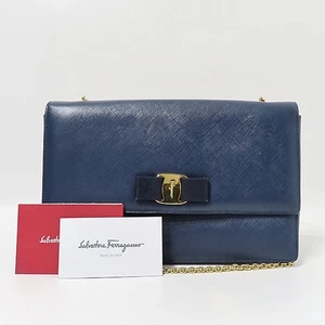 Ferragamo 21 D855 Navy Leather GINNY Gold Rose Embellished Chain Crossbody Bag - Picture 1 of 6