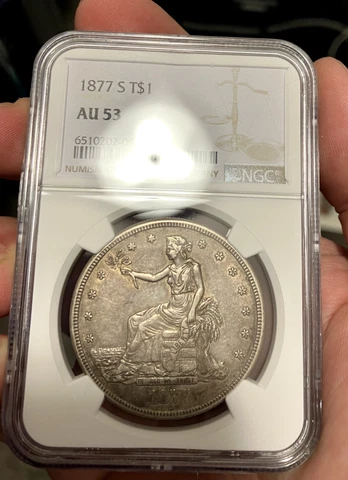 1877 S trade dollar NGC AU 53 rarely so original some mint luster remains; vid! Cover
