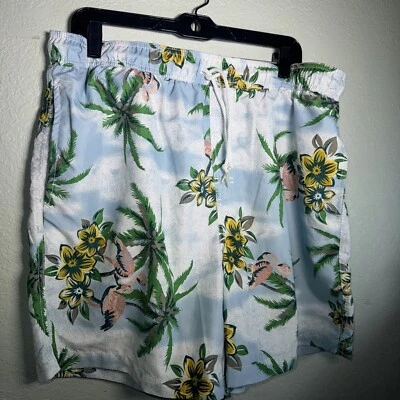 Trader Bay Tropical Print Flamingo Swim Trunks Size Large Light Blue Sky - Image 1 of 4