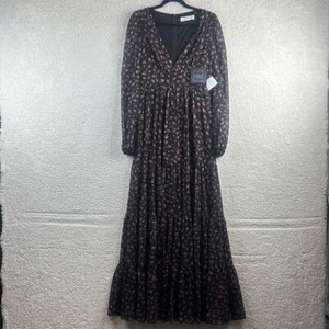 NWT Mac Duggal Womens Black Floral Long Sleeve Deep V-Neck Tiered Gown Size 2 - Picture 1 of 16
