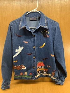 New Directions Women Jacket Small Blue Denim Embroidered L/S Halloween Fall - Picture 1 of 12