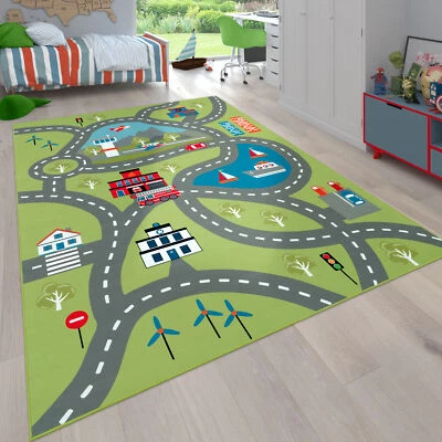 Kinder-Teppich, Spiel-Teppich Für Kinderzimmer, Mit Straßen-Motiv, In Grün - Bild 1 von 4