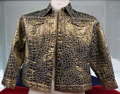 New No Tags Size 14 Ruby Rd Jean-Jacket Style Dark Gold Metallic Croc-Skin-Look - Image 1 of 4