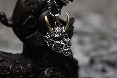 Three Horned Japanese Oni Devil Mask Pendant Steel Necklace Gold Horns Ogre - image 1 of 4