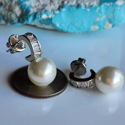 Sea Shell 0.5in White Pearl CZ Dangle/Drop Hoop Earrings White Gold Plate Silver - Image 1 of 3