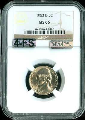 1953 D JEFFERSON NICKEL NGC MS66 4FS PQ RARE MAC SPOTLESS $700.00 IN FS . - Image 1 of 4