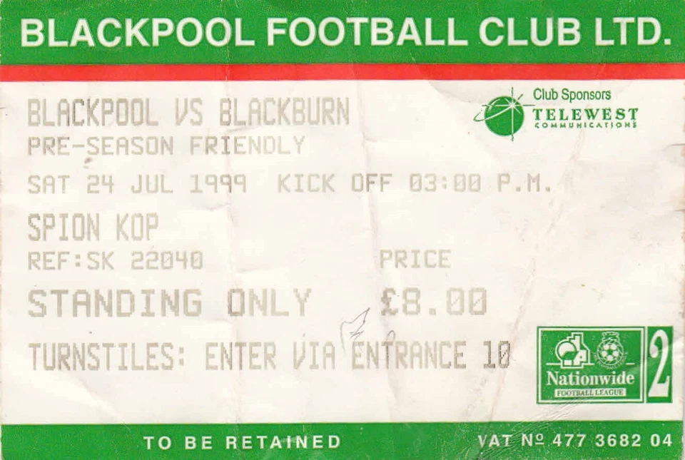Ticket - Blackpool v Blackburn Rovers 06.08.02 Friendly - Image 1 of 1