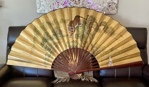 VTG Large 6’ Hand-Painted Chinese Fan Tiger & Mountain Scene Hanging Wall Decor - Picture 1 of 20