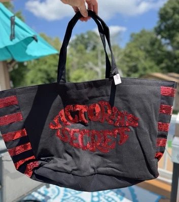 NWT Victoria’s Secret Black tote with Red Sequin Lips Stripes Zipper VS - Image 1 of 4