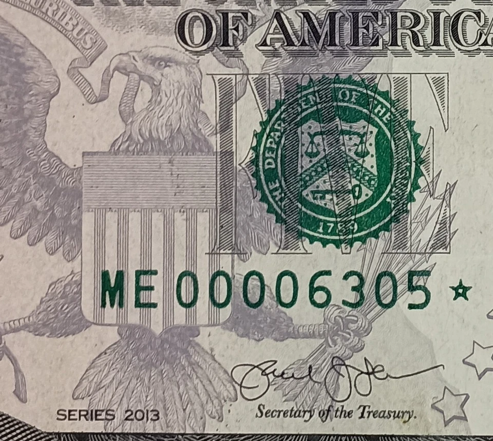 ME00006305* $5 2013 E Star Note Low Fancy Serial Number Five Dollar Bill - Image 1 of 3