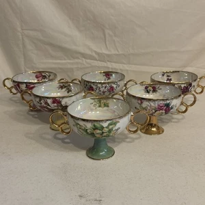 6 antike Vintage seltene Royal Sealy opalisierende Japan Sammlerstück Goldfußschalen - Bild 1 von 21