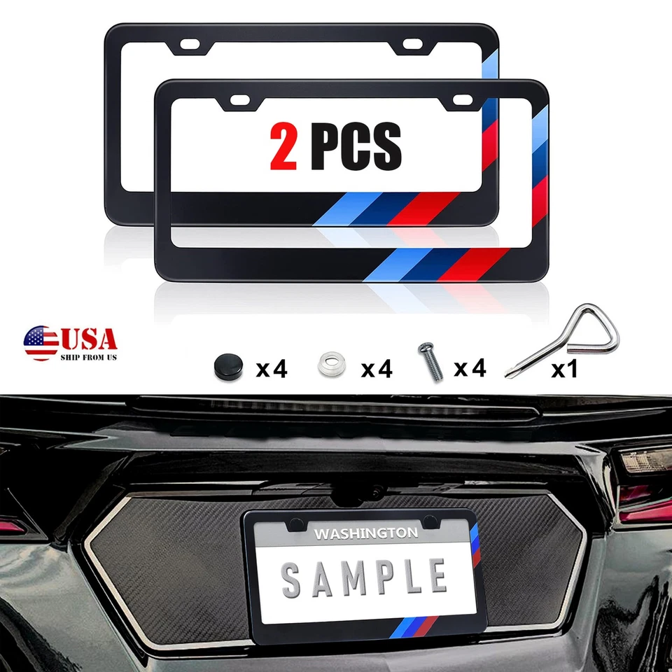 2X For BMW 1/2/3/4/5/6 Series Tri 3 Color Car License Plate Frame M Power Cover - Image 1 of 4