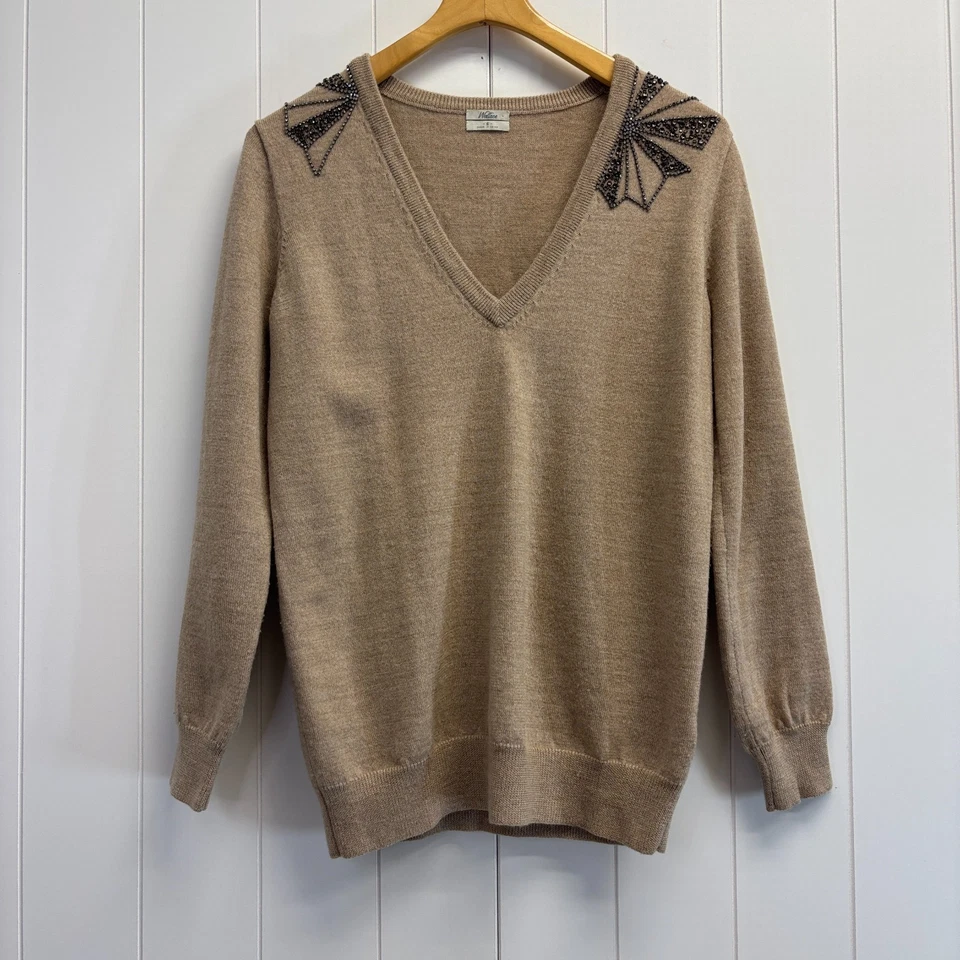 Vintage Wallace Women Glam Neutral Beaded Merino Wool V Neck Sweater Size S Soft - Image 1 of 4